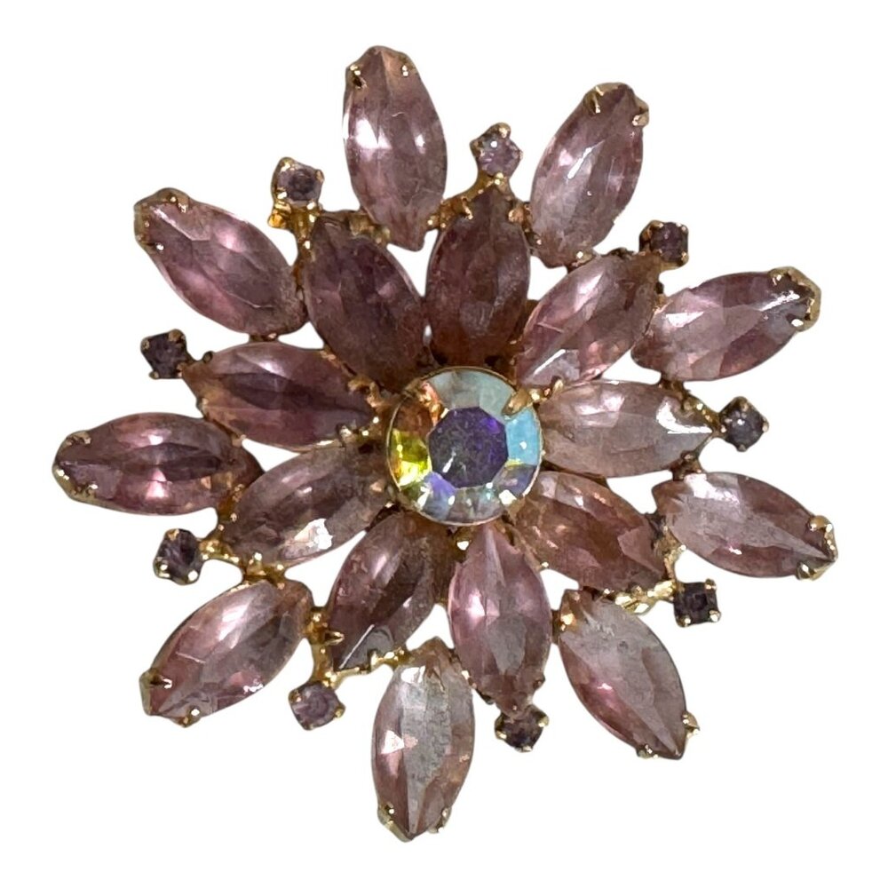 Vintage Lavender Purple Amethyst Glass Open Back Prong Set Rhinesones Brooch